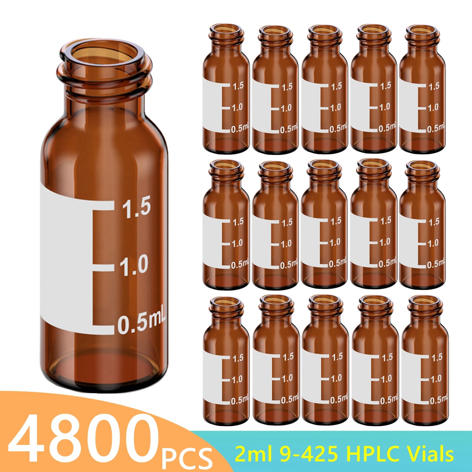 4800PCS 2ml Amber Smple Vials Graduation Large White Write Area 9-425 Screw HPLC