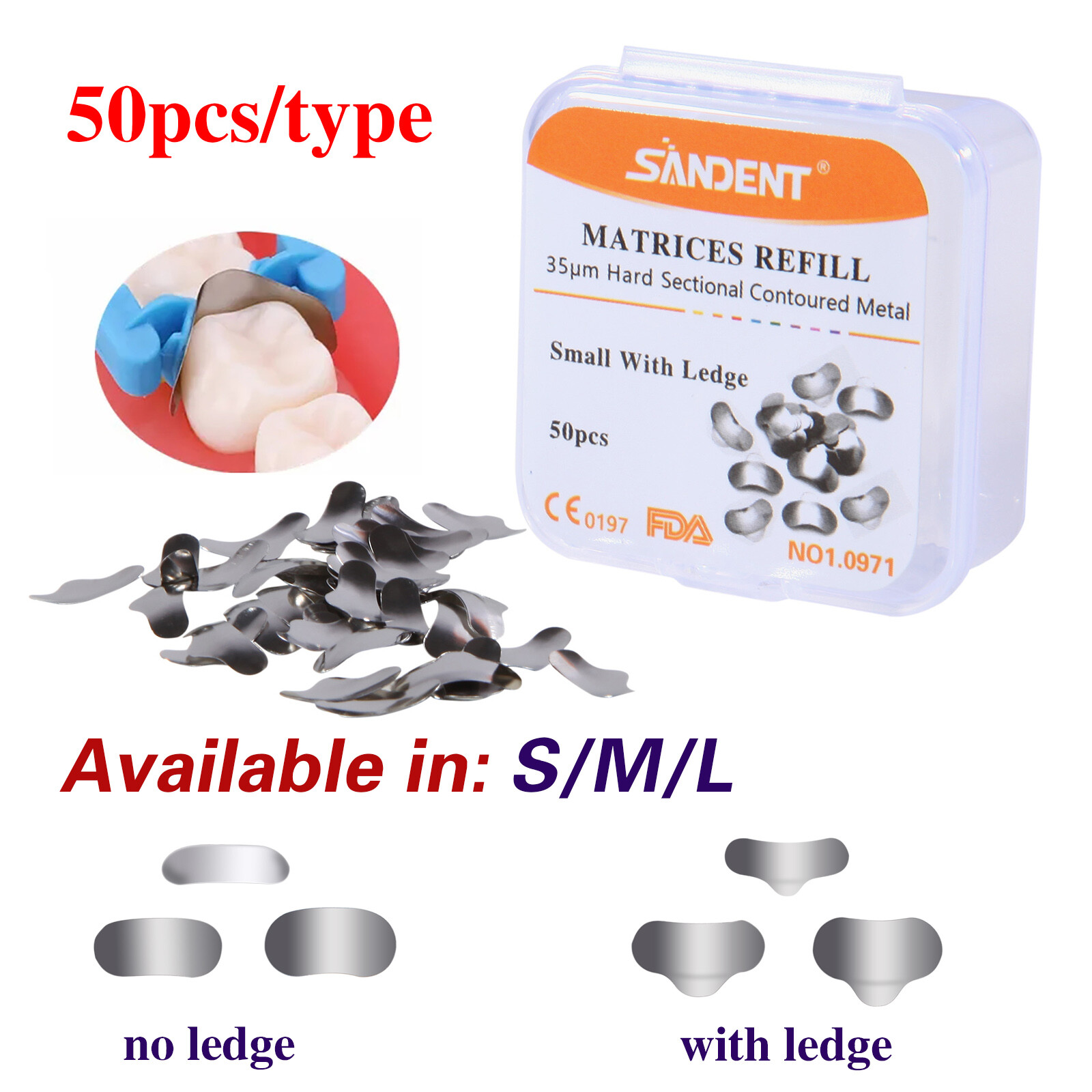 50Pcs Dental Matrices Bands Sectional Contoured Metal Matrix bands Hard S/M/L