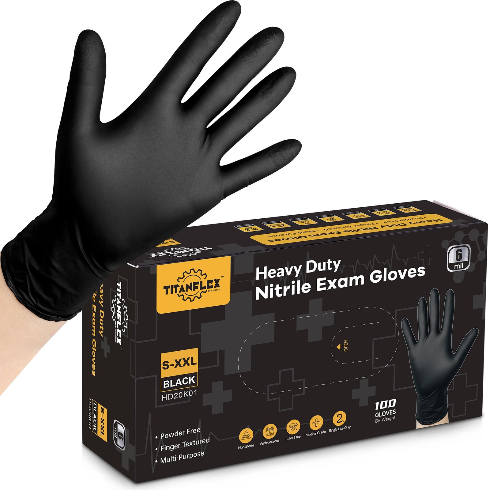 TitanFlex Disposable Nitrile Exam Gloves – 6-mil, Large, 03 Black (L, 100ct)