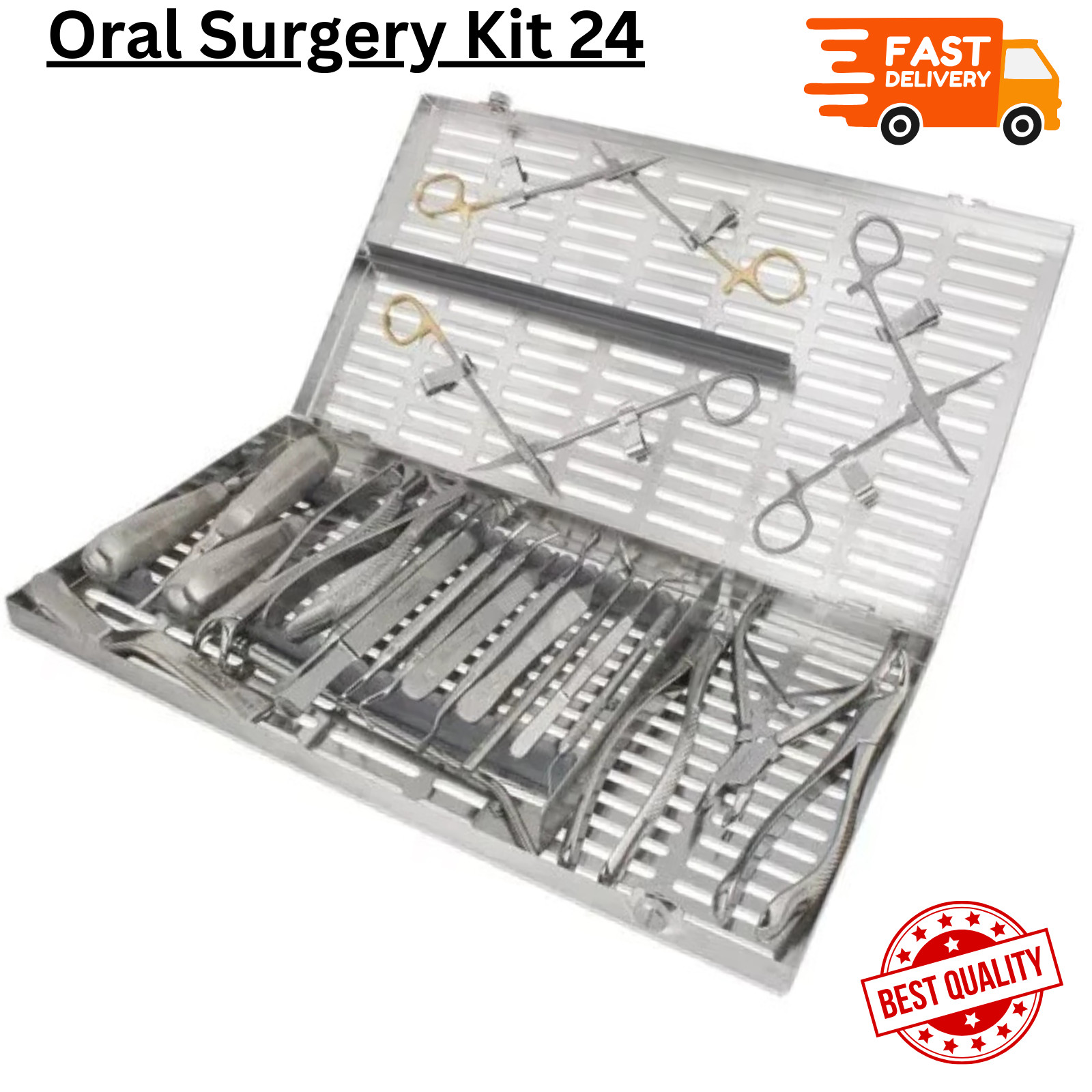 Oral surgery kit with instruments stainless steel set in sterilization cassette