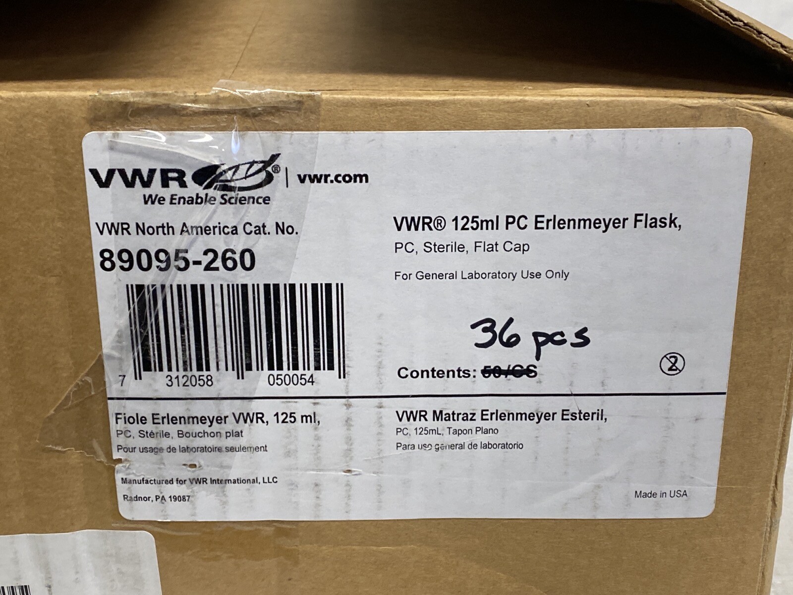 (36) VWR 125mL PC Graduated Erlenmeyer Flask w/ Std 33mm Cap 89095-260