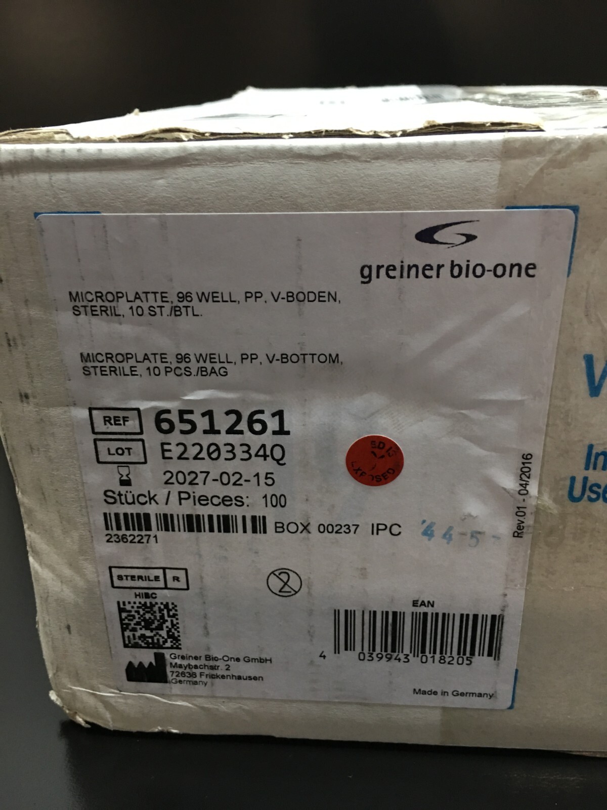 Greiner bio-one REF 651261 Microplate 96 Well V-BOTTOM Case of 100