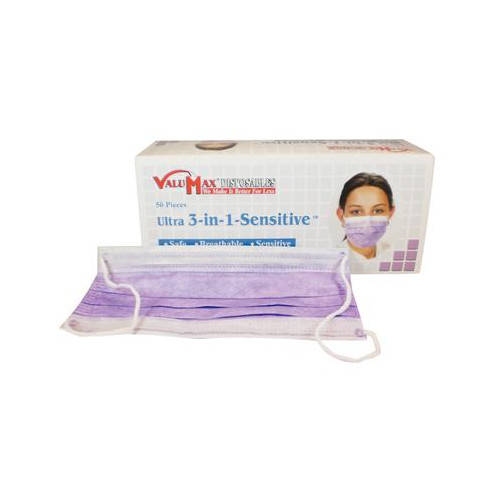 ValuMax 5630E-PP Ultra 3-in-1 Sensitive Disposable Earloop Face Mask 50Pk Purple
