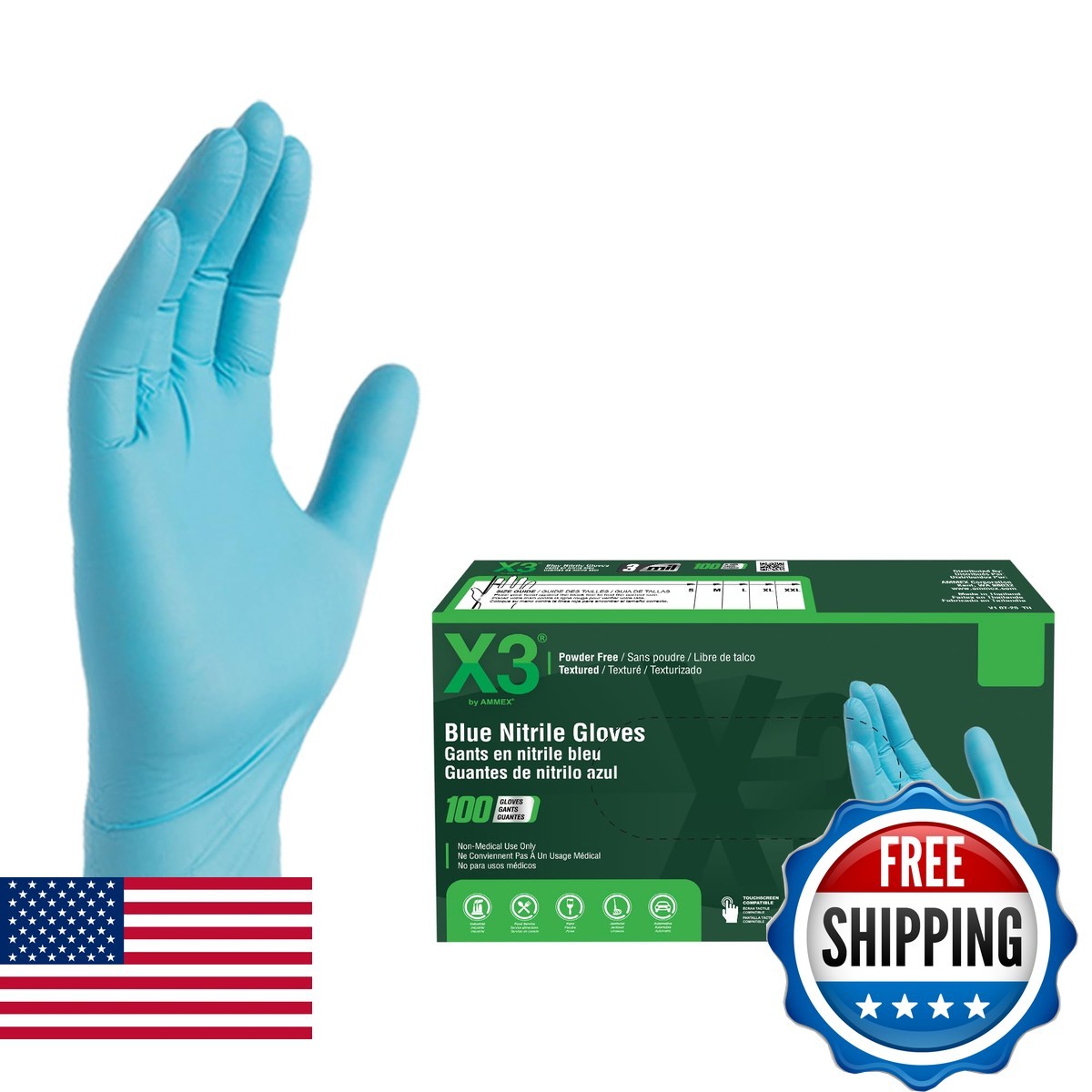 X3 Industrial Blue Nitrile Gloves Box of 100, 3 Mil, Size X-Large X348100BX