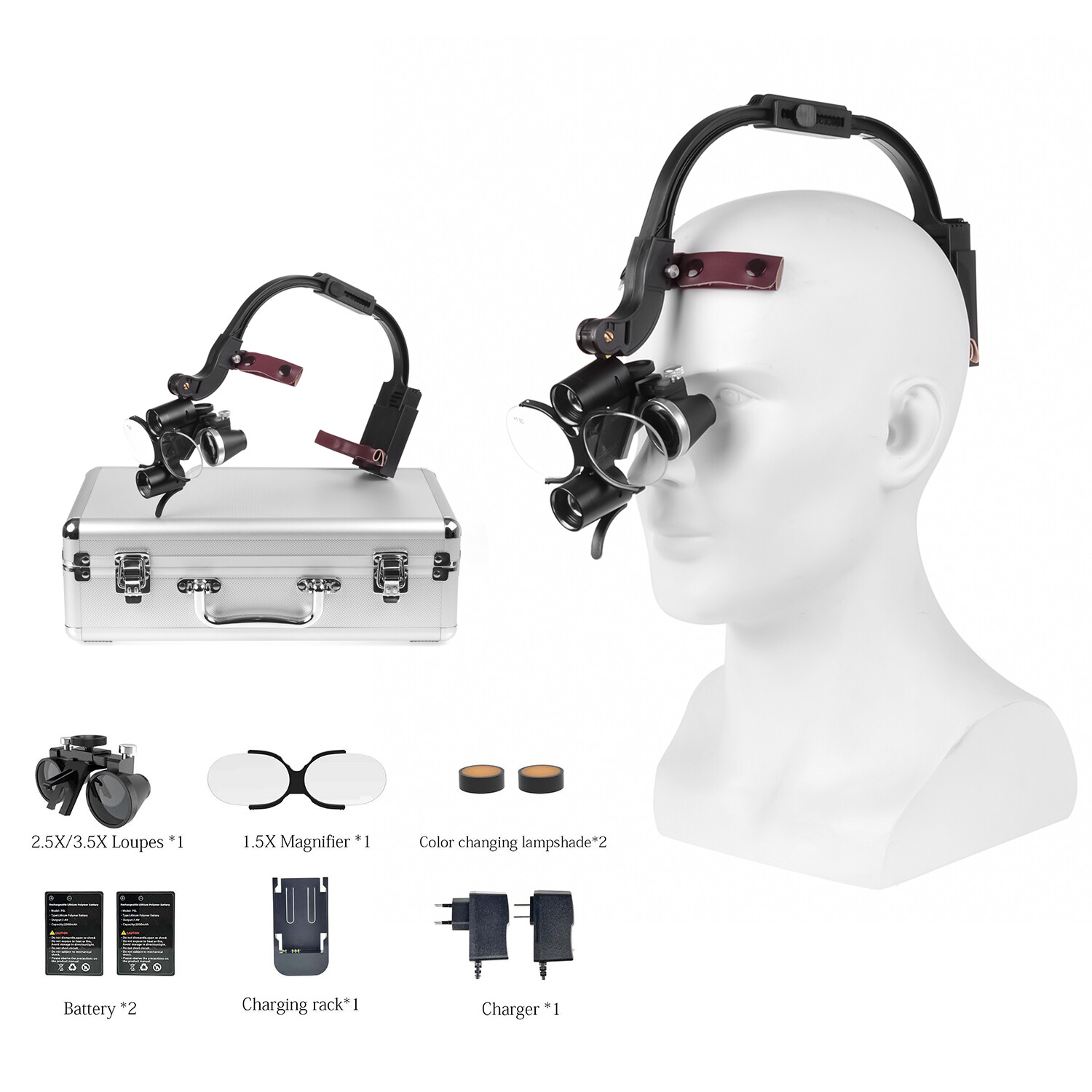 Dental Optical 5W Wireless LED Headlight Two LED Lights+3.5X-420 Loupes+AL-BOX