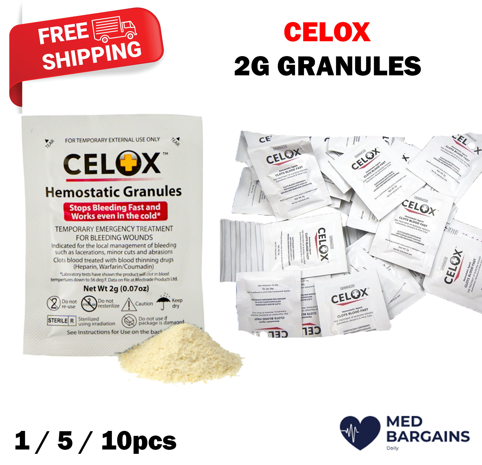 CELOX First Aid Hemostatic Granules for Wounds Stops Bleeding Fast 2g