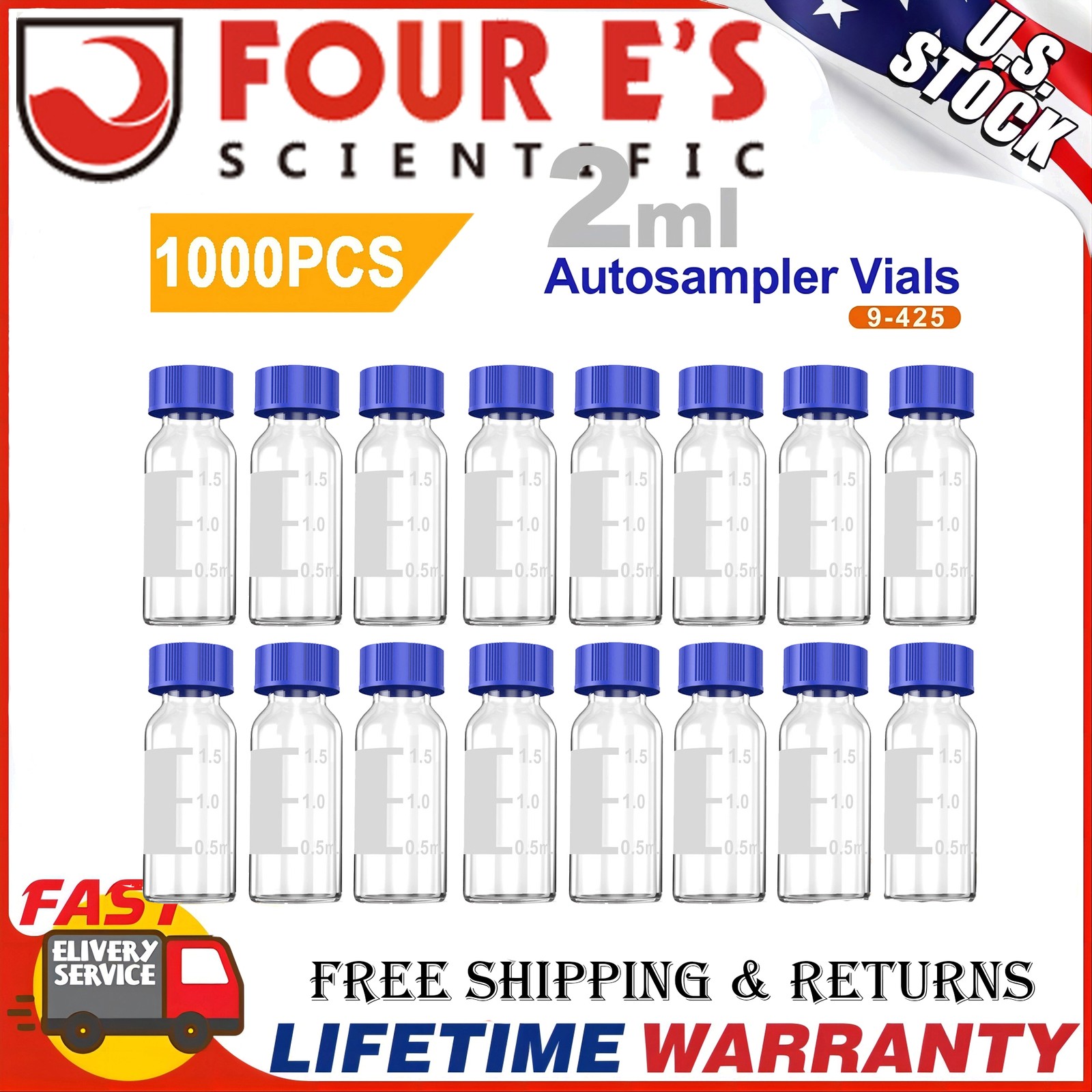 1000Pcs 2ml Autosampler Vial Transparent Sample Bottle with Blue Screw Caps US