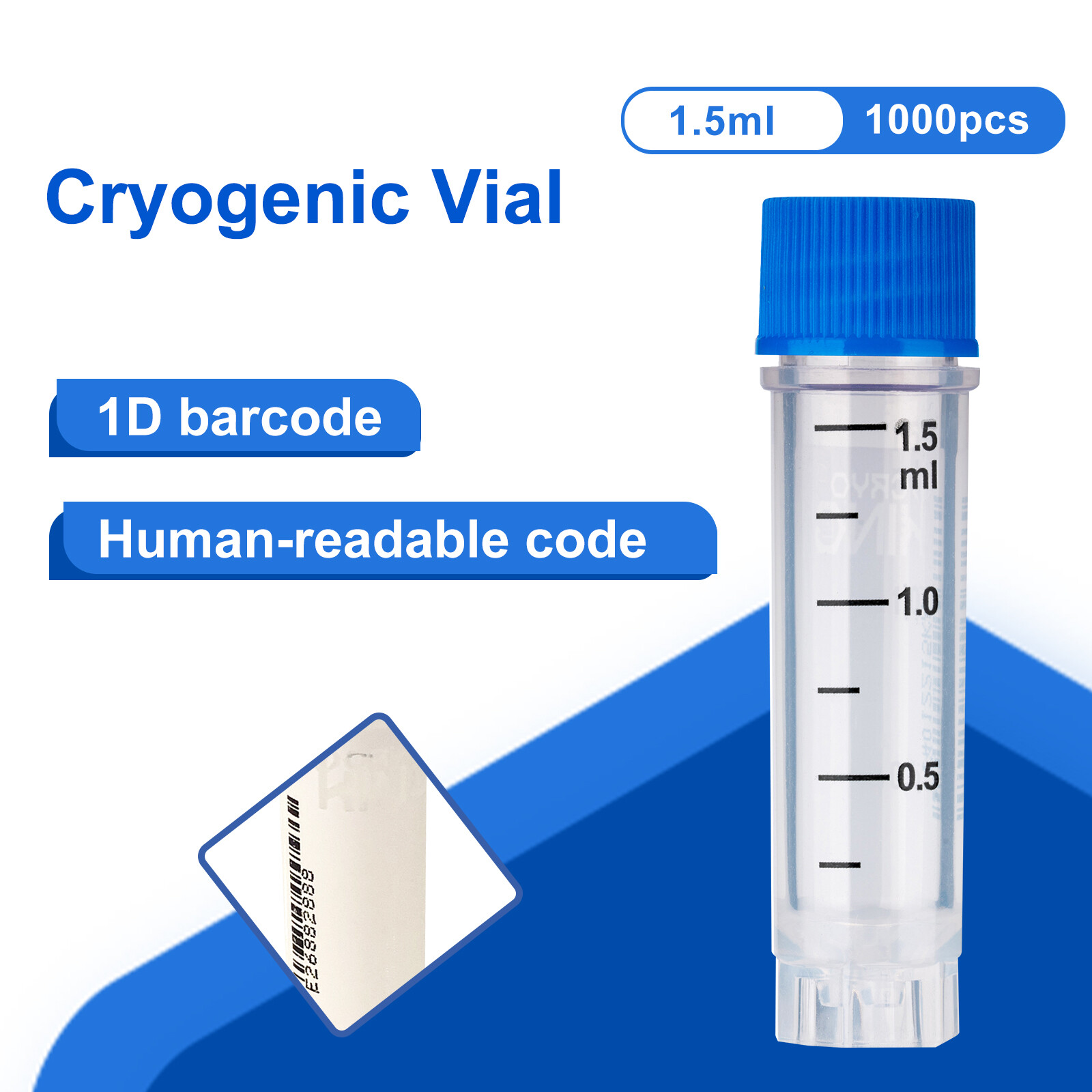 Cryogenic Vials with Side Bardcode-1.5 ml External, 25/Bag, 500/Pack, 1000/Case