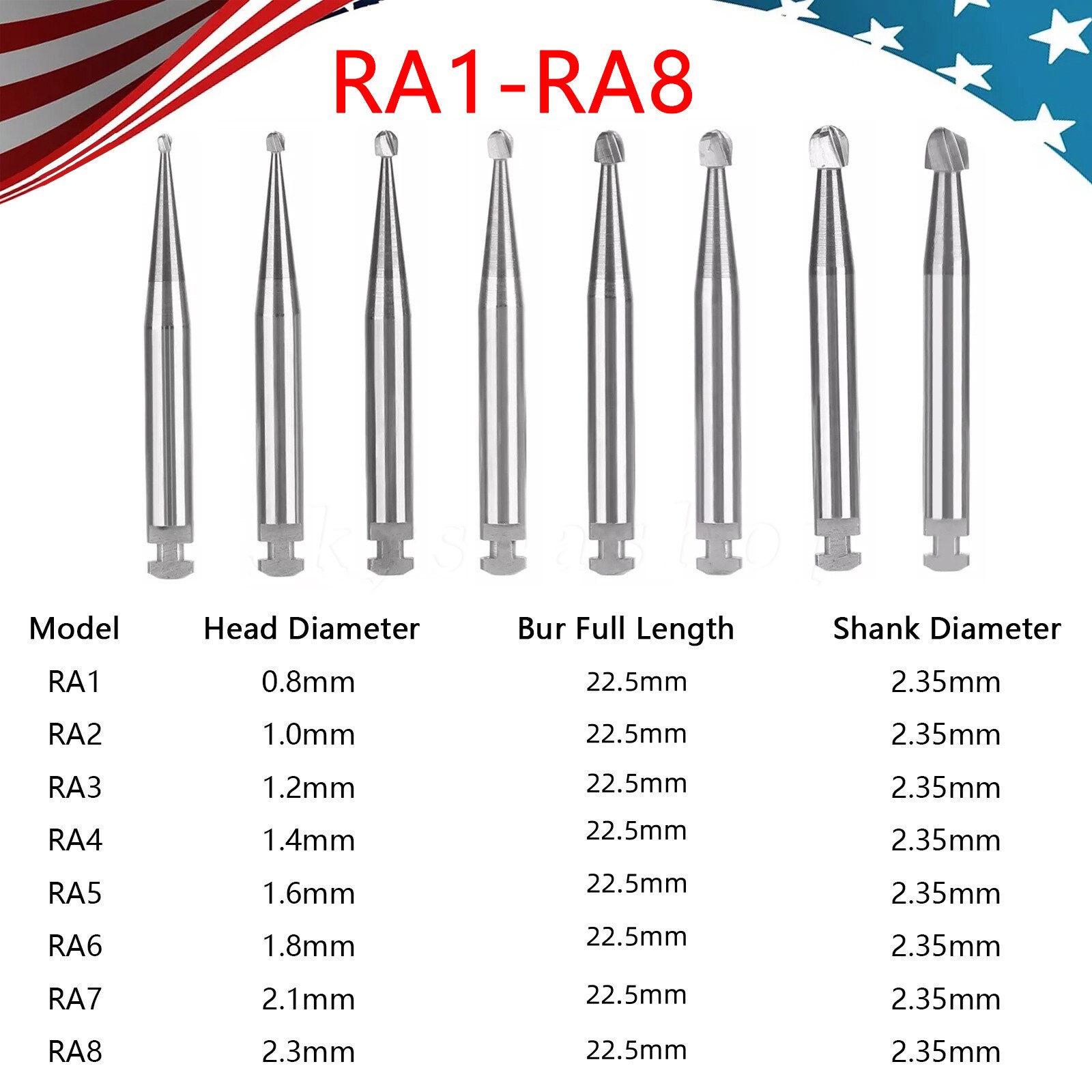 5-100 PCS DENTAL Round Carbide Bur for Slow Speed Latch RA1-8