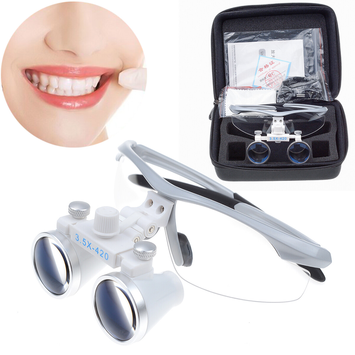 Dental 3.5X-420MM Magnification Binocular Loupe Compound Optic Silver with Bag