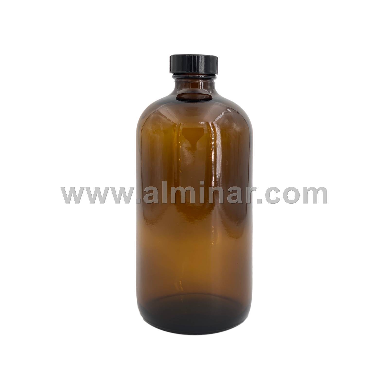 Boston Round 16 oz Amber Glass Bottles With Poly Cone Lined Black Caps