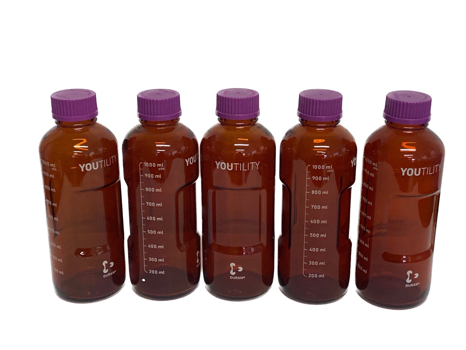 Used (5) DURAN Glass 1000mL Youtility Amber Round Media Storage Bottles GL-45