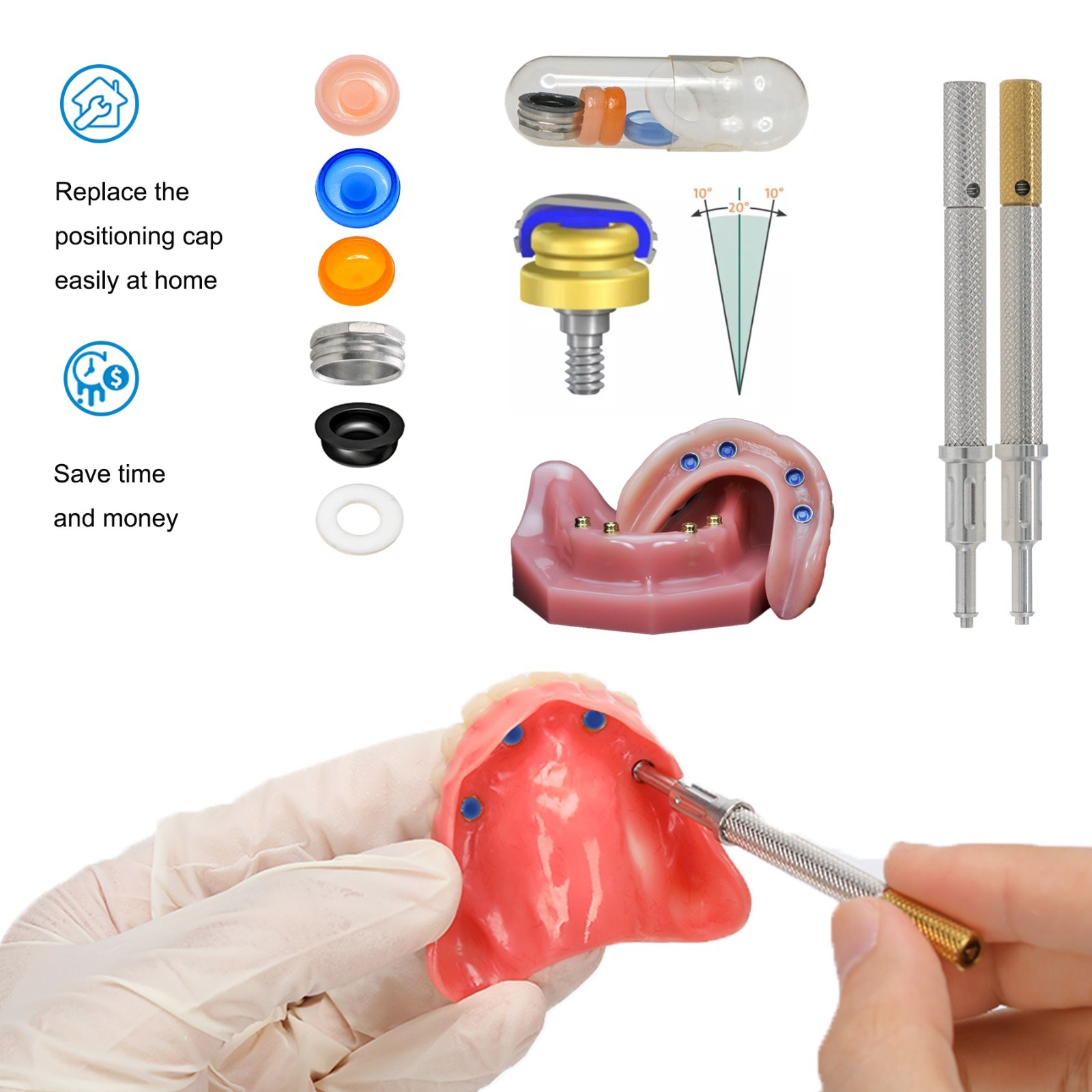 Universal Locator Overdenture Caps Insertion Kit 3-in-1 Tool Retentions Lab Caps