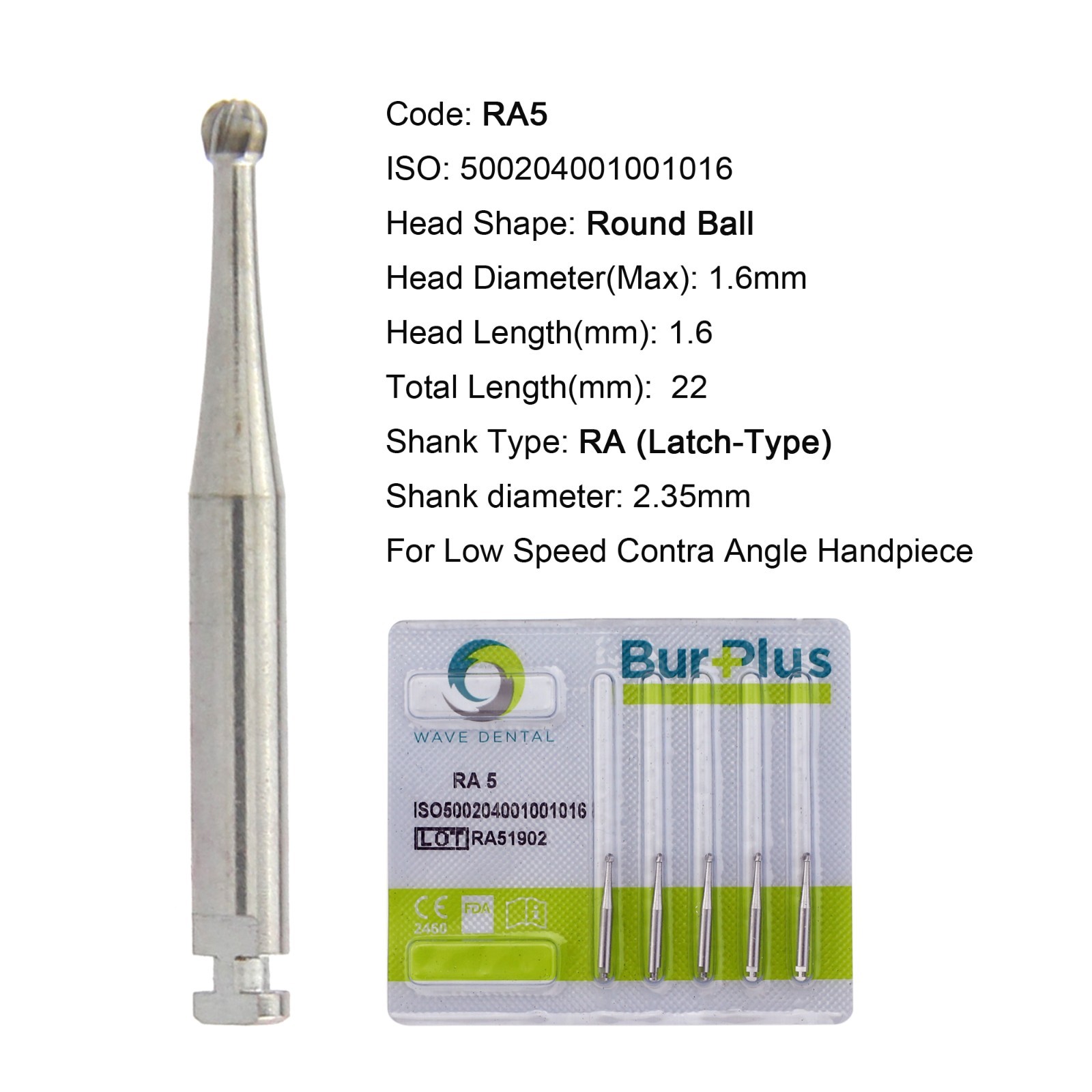Wave Dental Round Carbide Bur for Slow Speed Latch RA 5 22mm Length Contra Angle