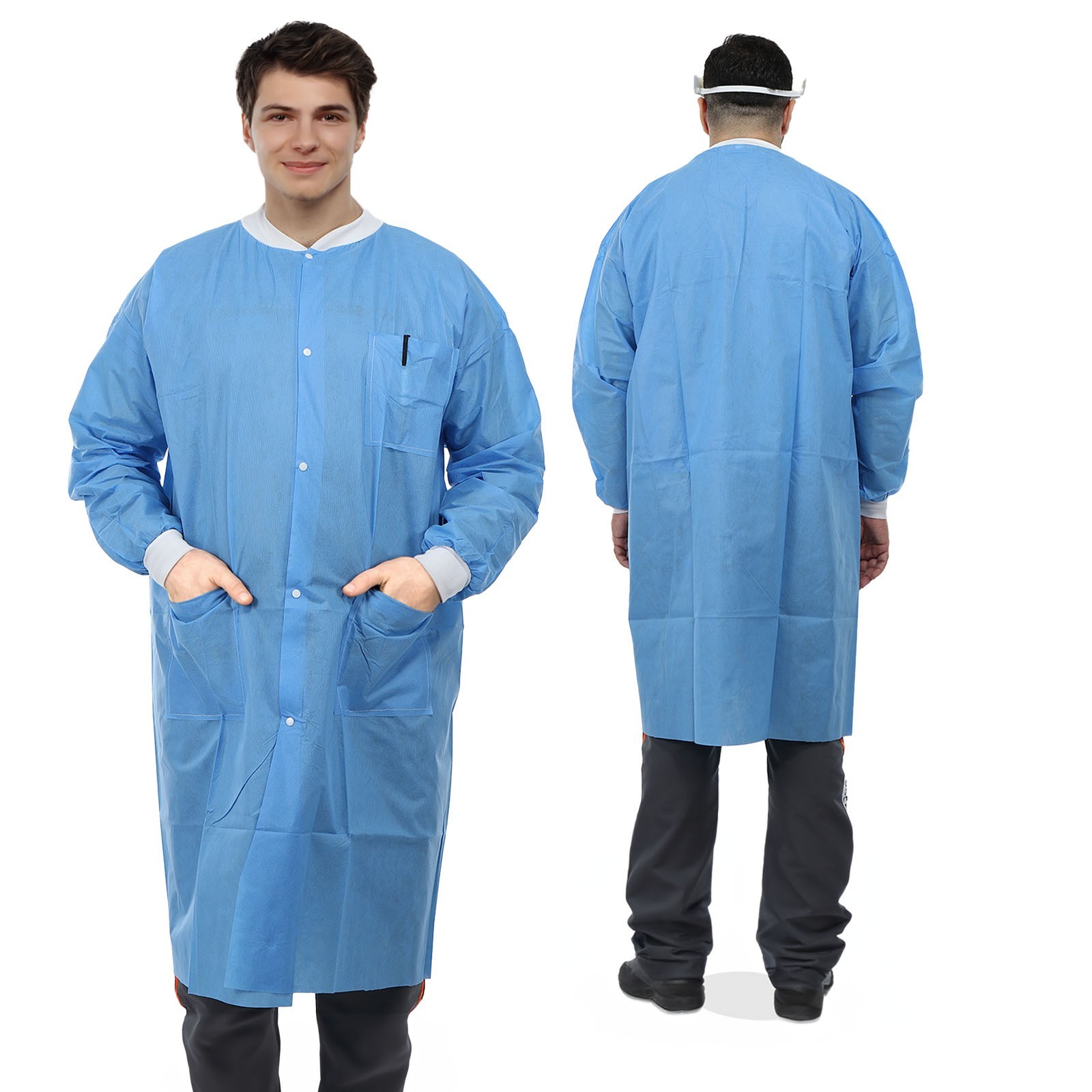 Disposable Lab Coats 45G SMS Knee Length with Pockets, Knit Cuffs, S/M/L/XL