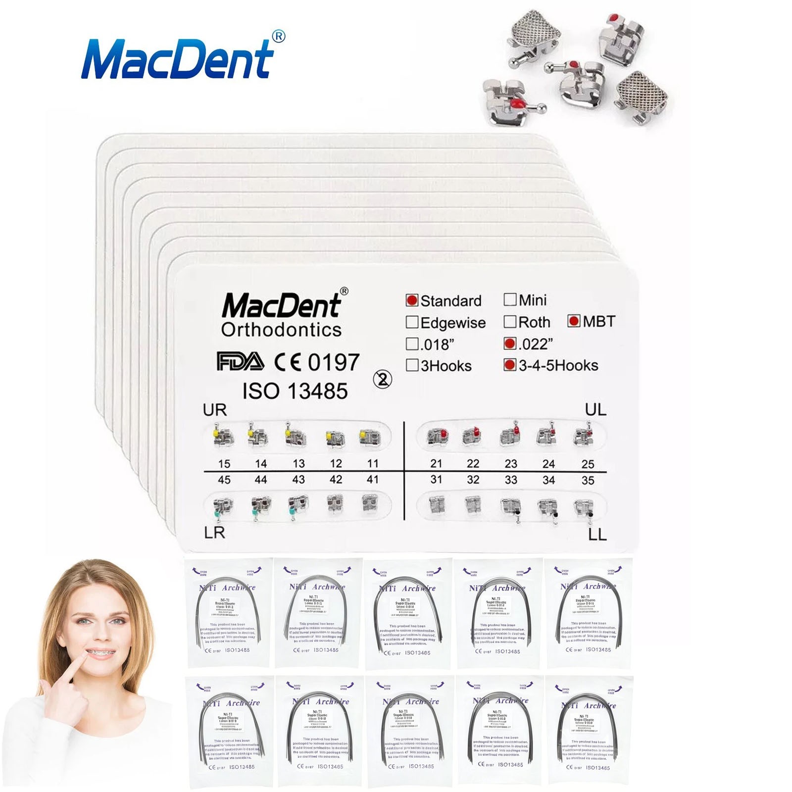 MacDent Dental Orthodontic Bracket Braces Mini Roth/MBT 022 Hooks 345/Arch Wires