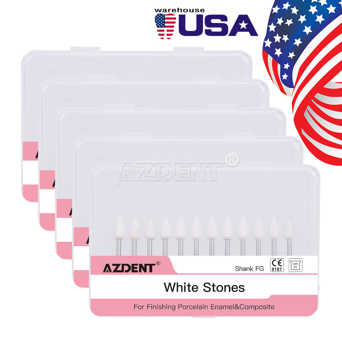 5*USPS AZDENT Dental Flame White Stone Polishing FG Burs Fl2 Abrasion Point Burs