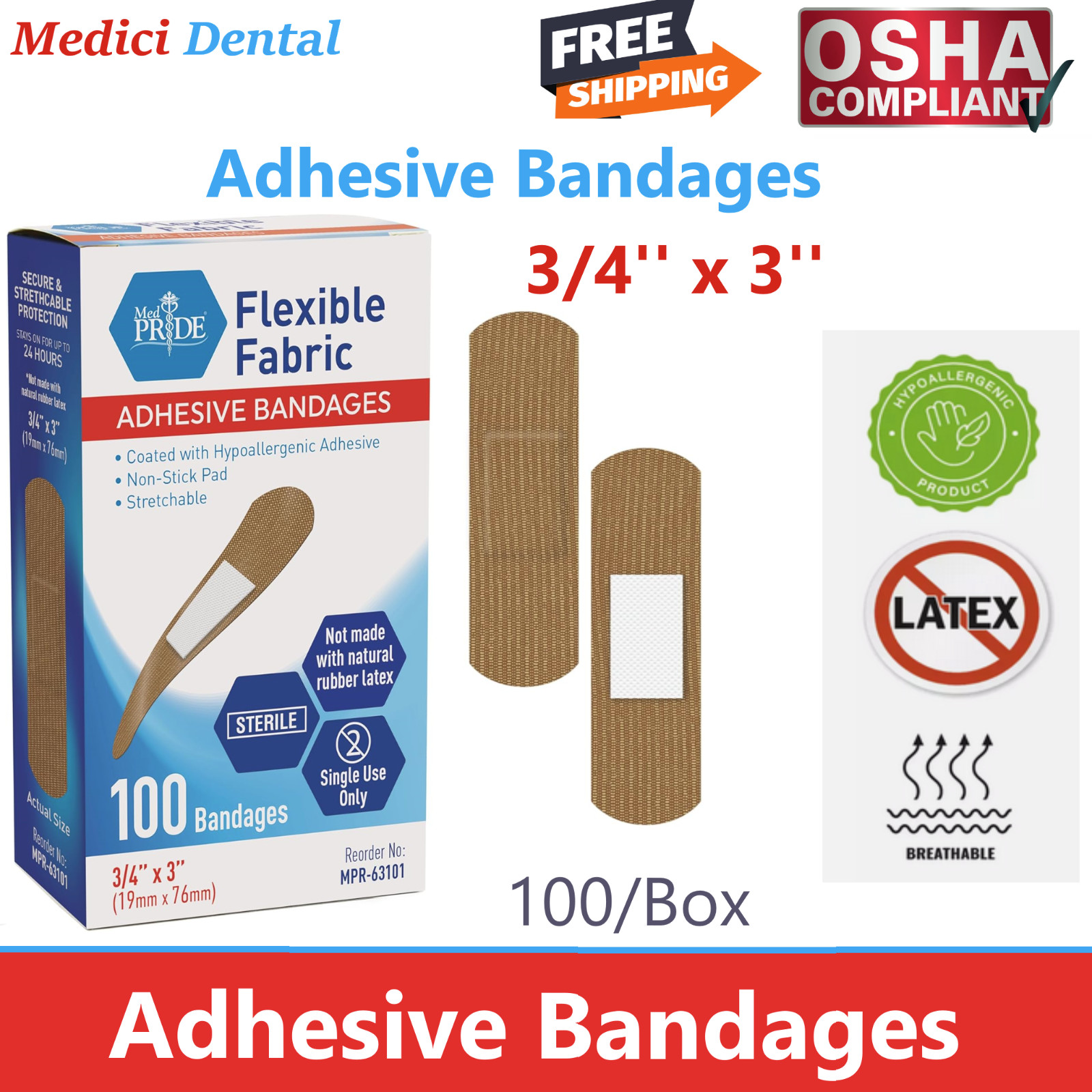 Adhesive Bandage – Fabric Bandages 3/4″ x 3″, Sterile, 100/Pack Bandaid No Latex