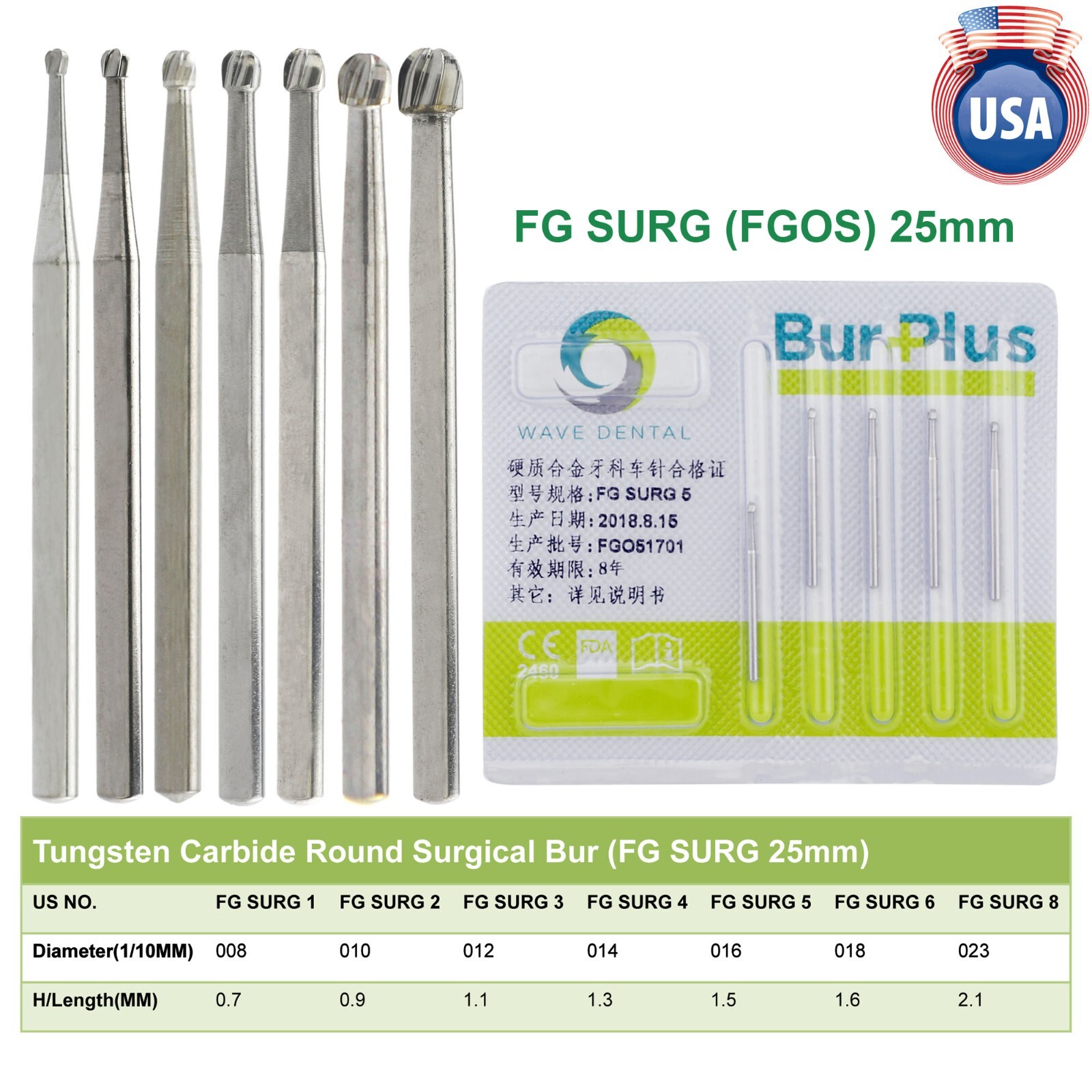 Wave Dental Carbide Surgical length Round Bur 2 4 6 8 Midwest Friction Grip FGOS