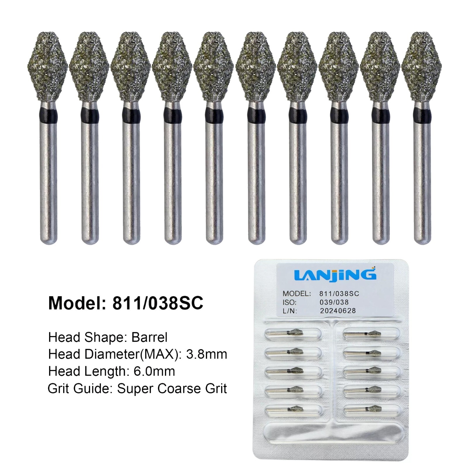 Dental Diamond Burs Barrel 811/038SC Super Coarse 909/042C Wheel FG High Speed