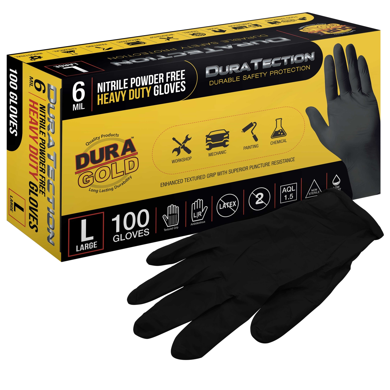 Dura-Gold HD Black Nitrile Disposable Gloves, Box of 100, Size Large, 6 Mil