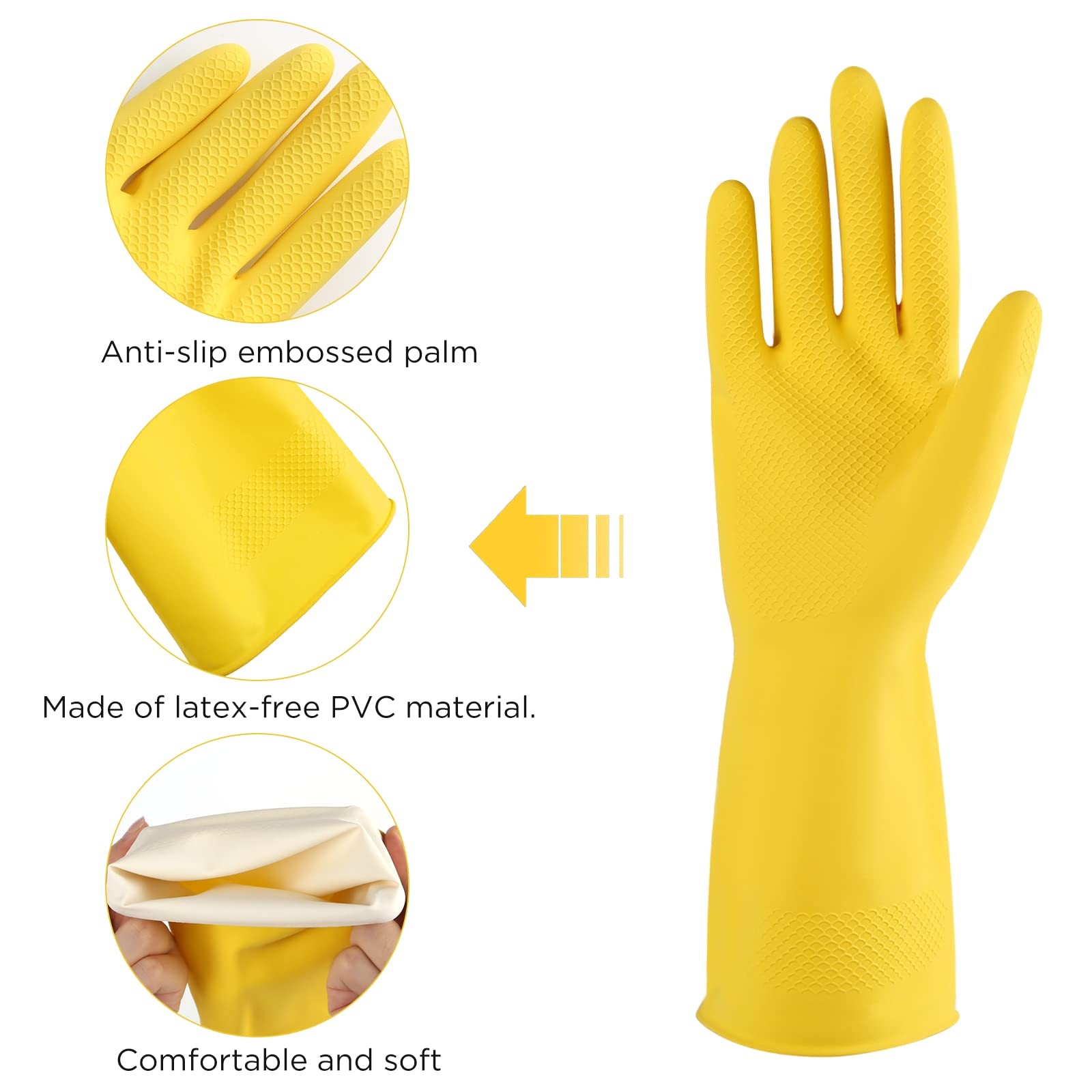 Yellow Rubber Cleaning Gloves, Reusable Dishwashing Gloves, 3 Pairs, Medium
