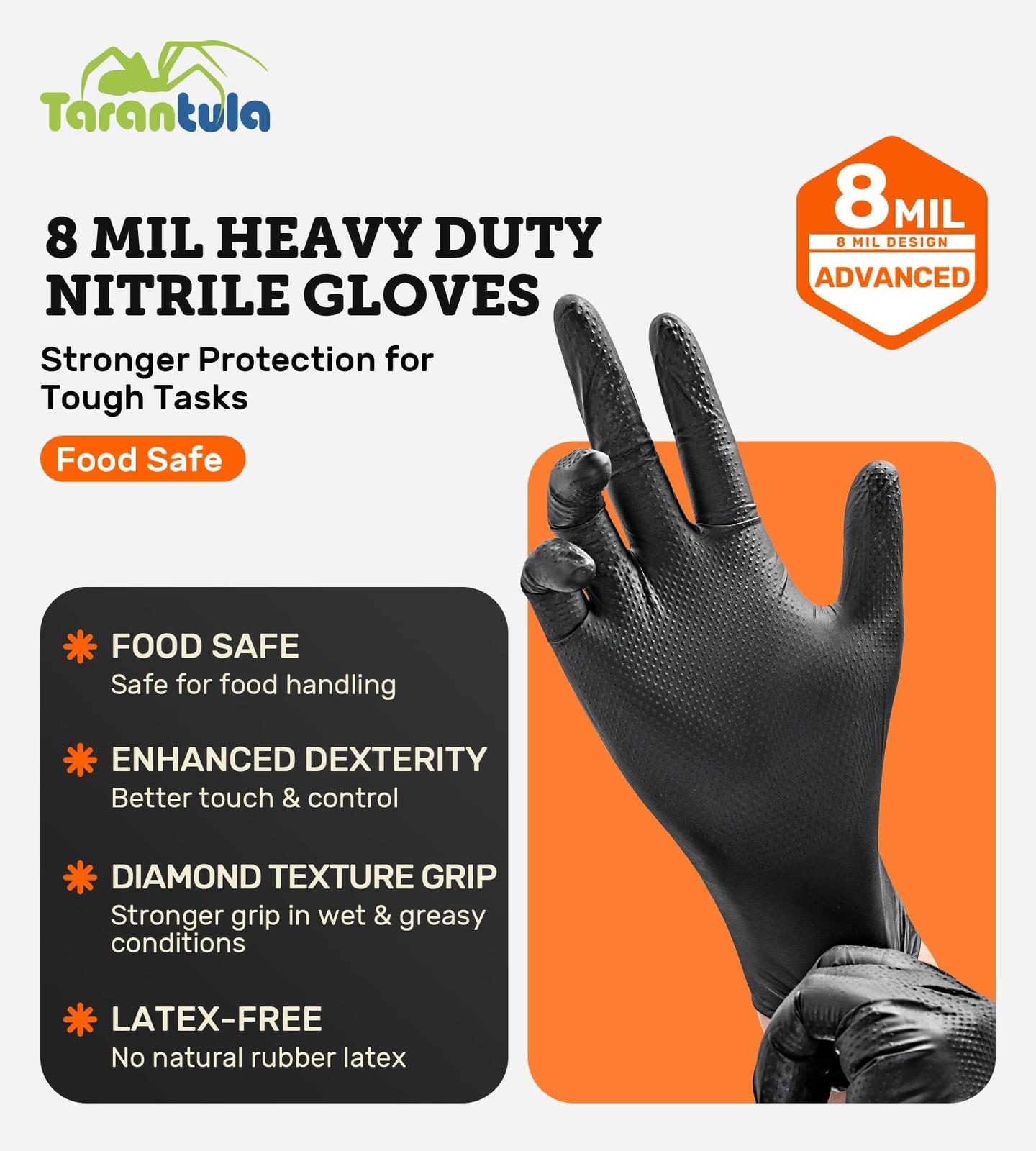 Tarantula 8-mil Disposable Nitrile Gloves, Heavy-Duty Fully Diamond Textured,…
