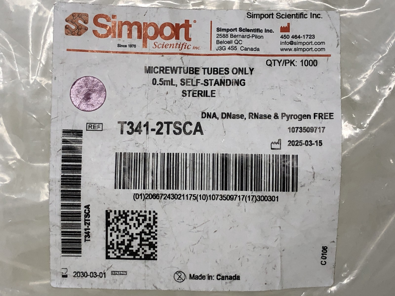 Simport Micrewtube Tubes Only Self Standing Sterile 0.5mL – Clear White 1000 PCS
