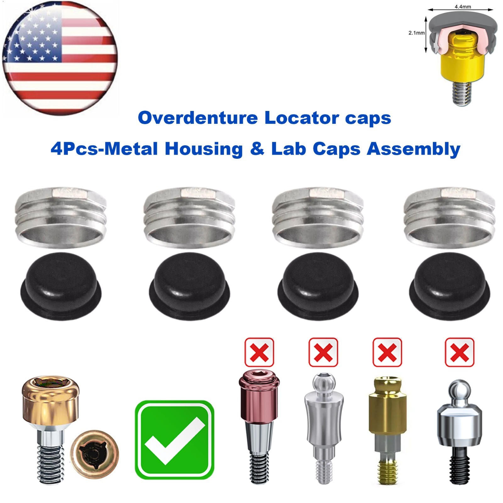 US Dental Overdenture Locator Core Tool Strong Retention Caps 1.2/2.4lbs Inserts