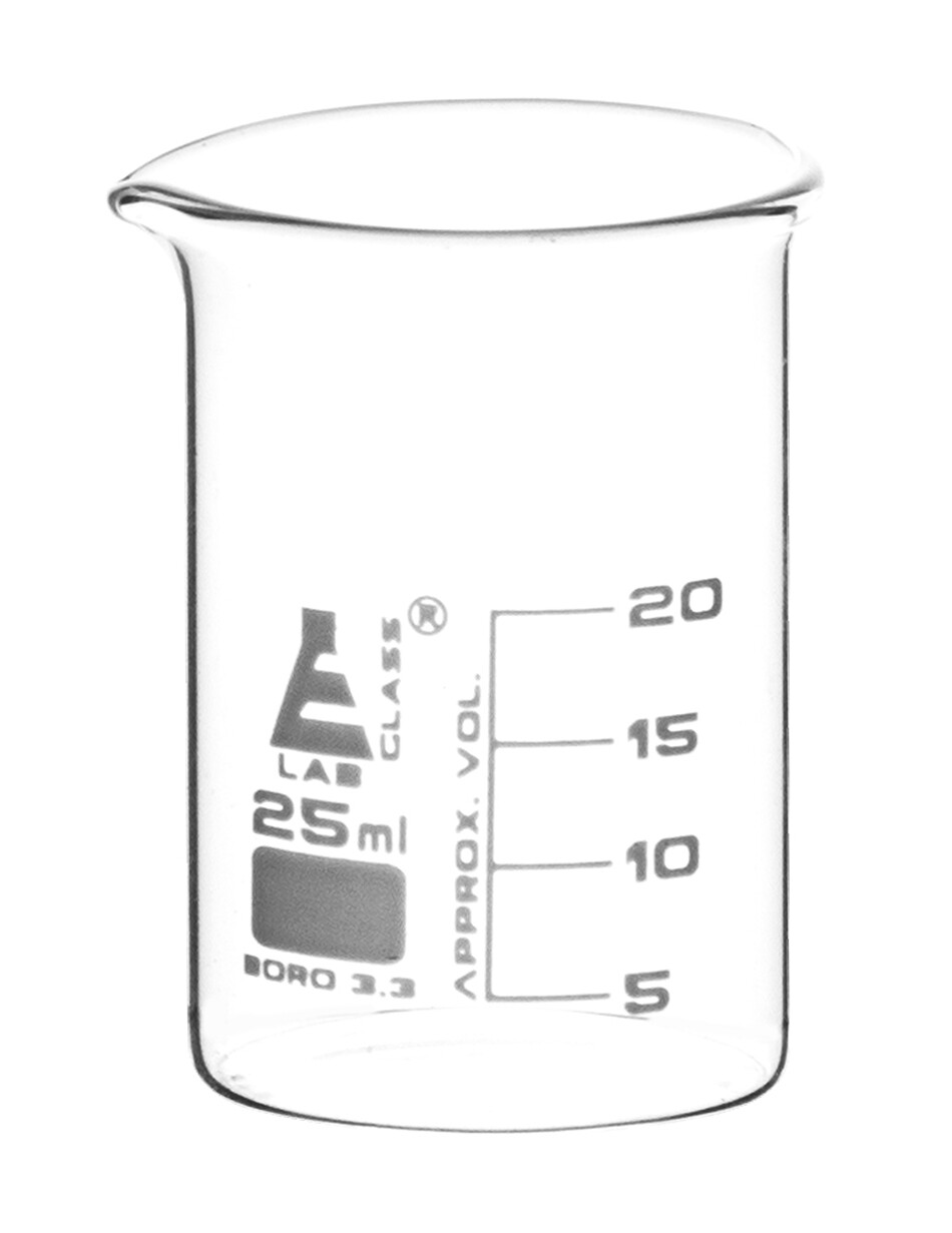 Eisco Labs 25ml Beaker, Low Form – 5ml Graduations – Borosilicate Glass