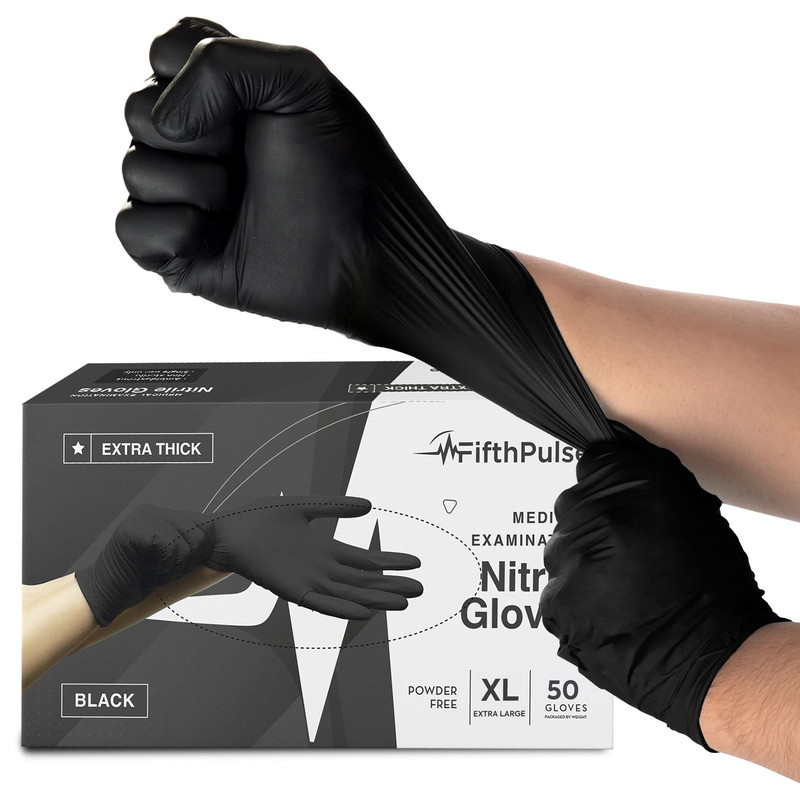 Fifthpulse Disposable Black Nitrile Gloves Large 50 Count – Extra Thick 4.5 Mil