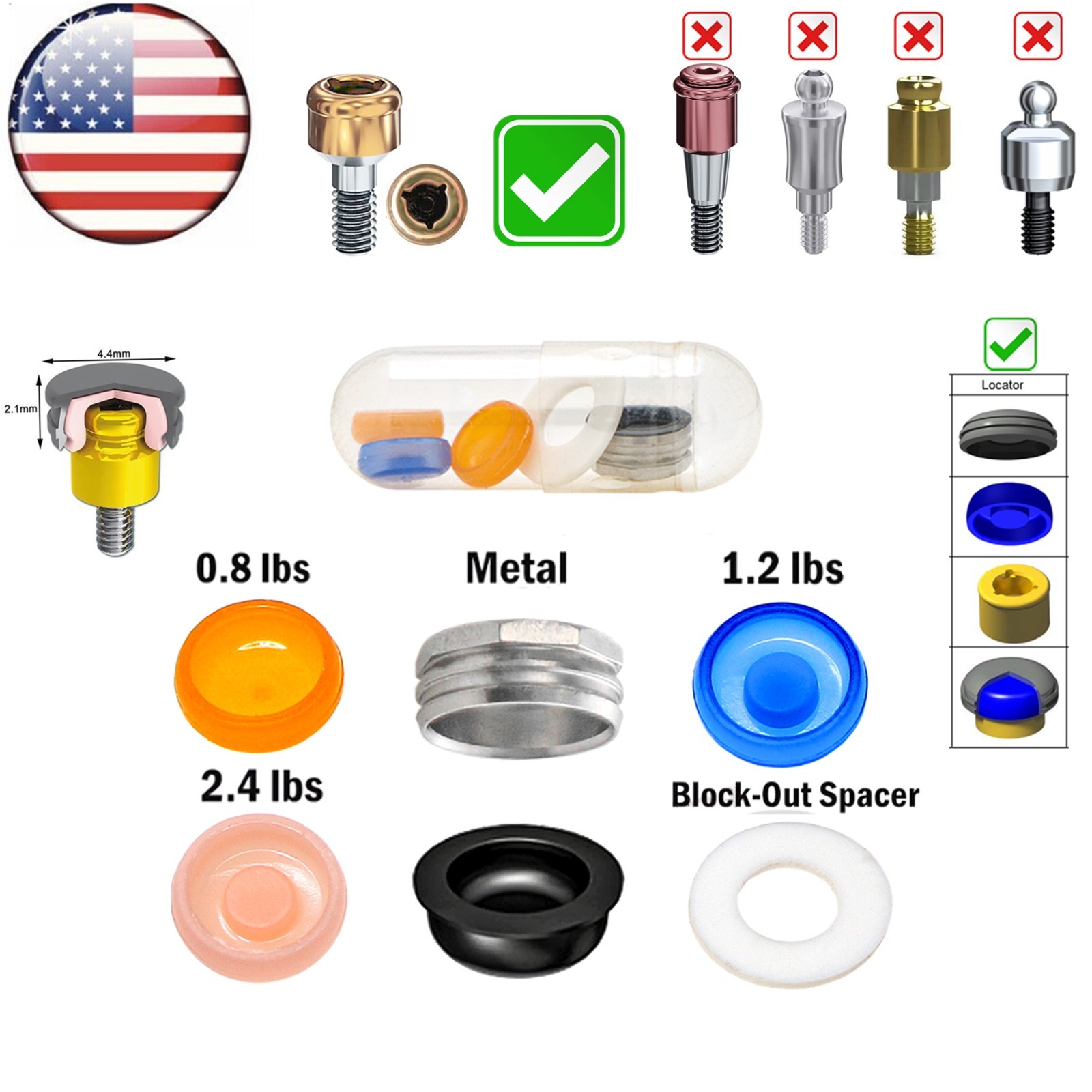 US Dental Overdenture Locator Retention Caps 1.2/2.4lbs For Abutment Inserts Set