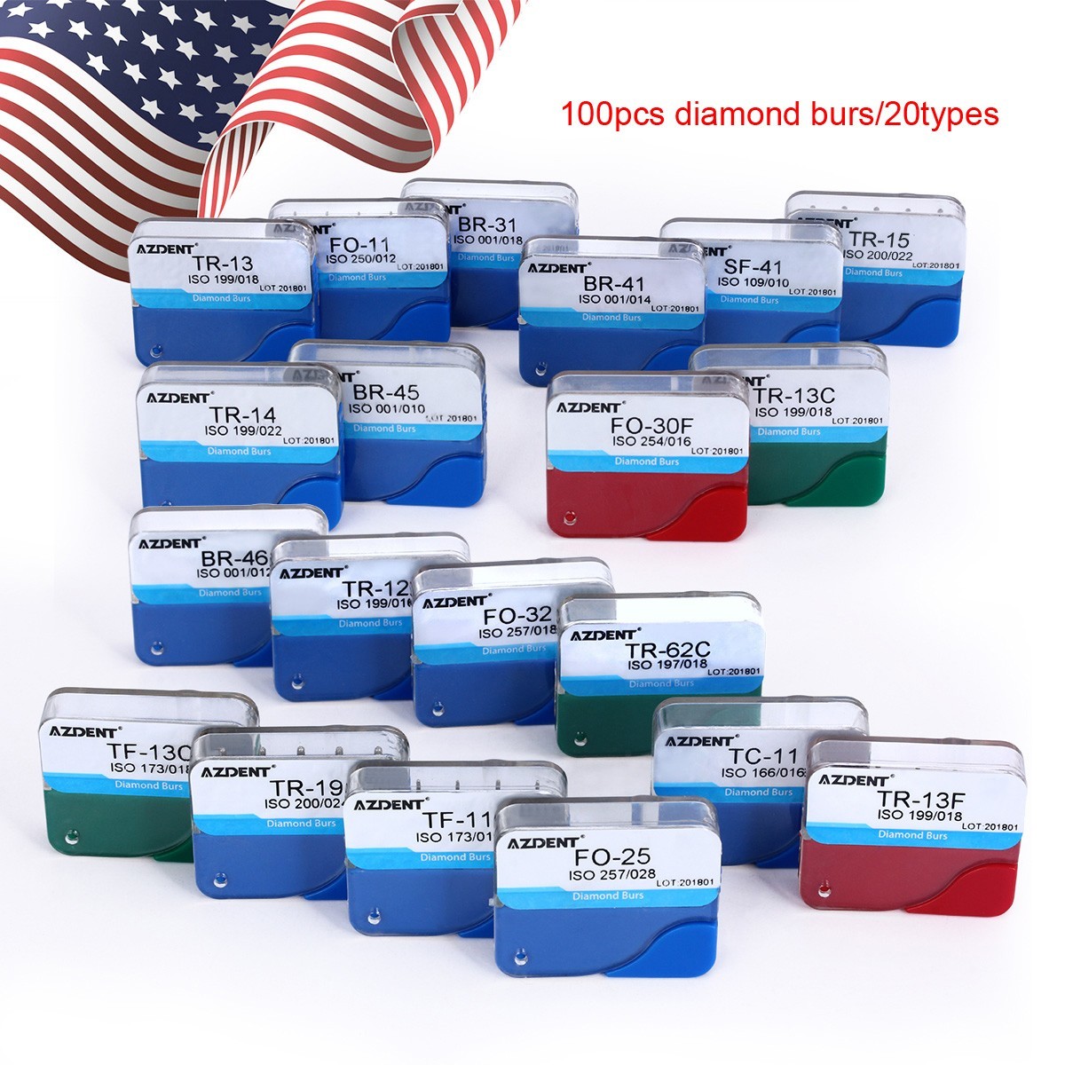 AZDENT 100Pcs Dental Diamond Burs for High Speed Handpiece Medium FG 1.6MM