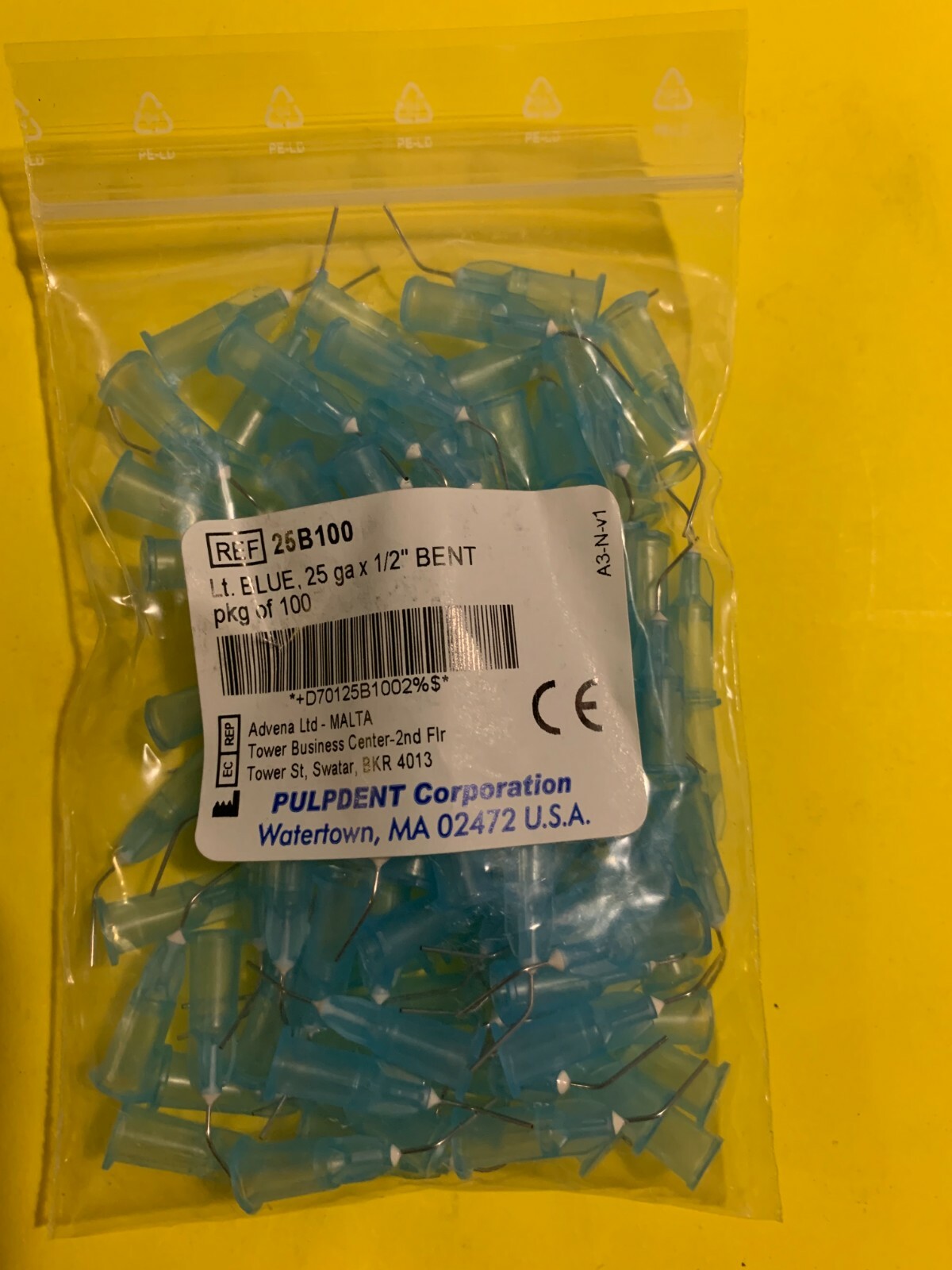 Pulpdent #25B100 Light Blue, 25 Gauge x 1/2″, Bent – Qty: 100