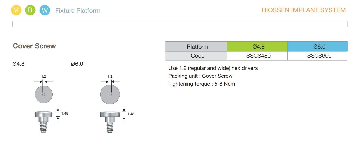 OSSTEM /HIOSSEN SS TISSUE LEVEL IMPLANT COVER SCREW REGULAR or WIDE