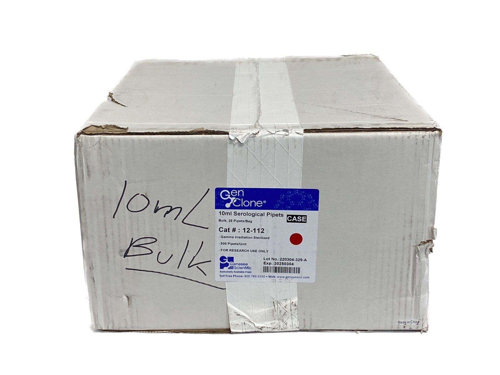(500/Cs) GENESEE GenClone 10mL Graduated Serological Pipets Plug 25/Bag 12-112
