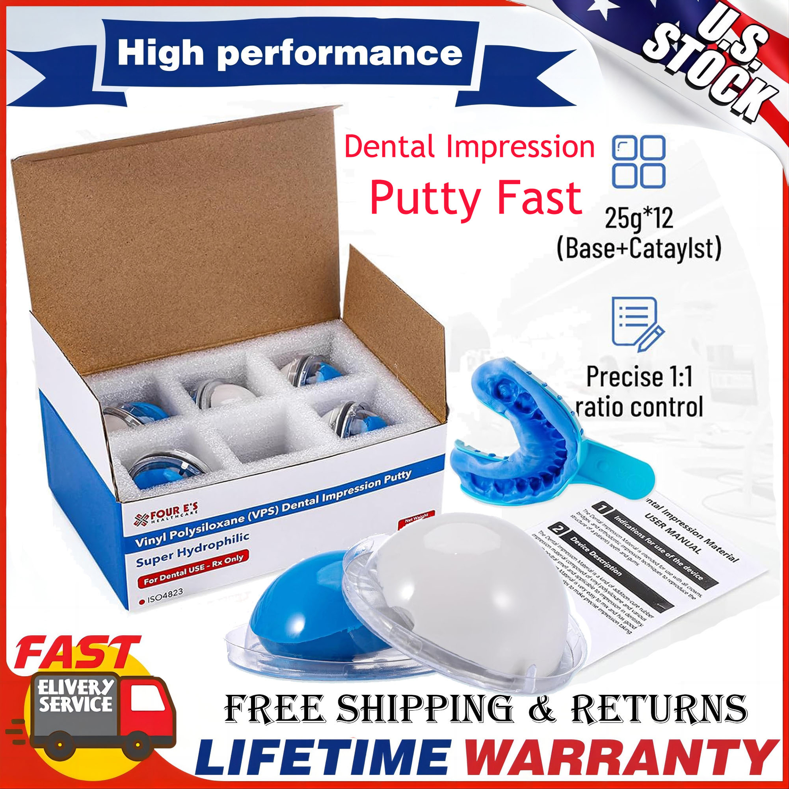 25g x12 Dental Impression Putty Fast Set Hydrophilic VPS(Base x6 & Catalysts x6)