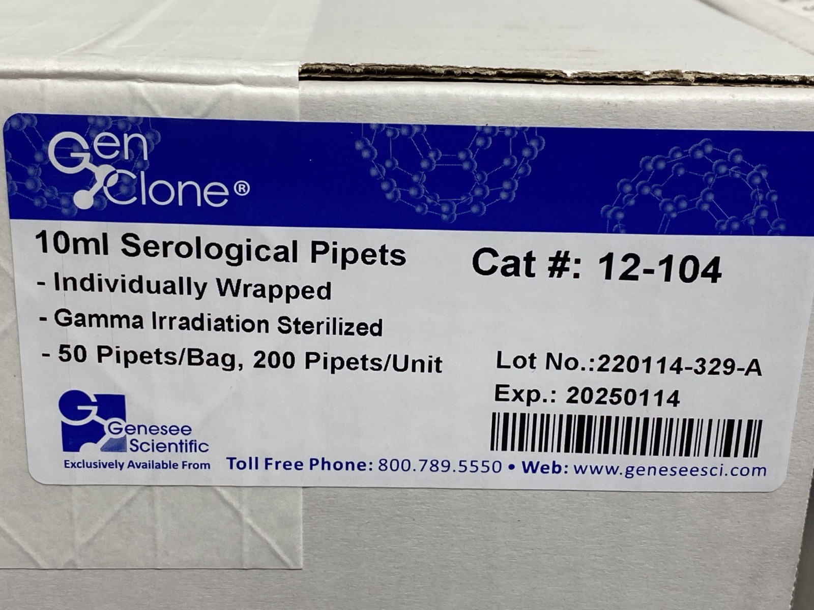 (800/Cs) GENESEE GenClone 10mL Graduated Serological Pipets 12-104
