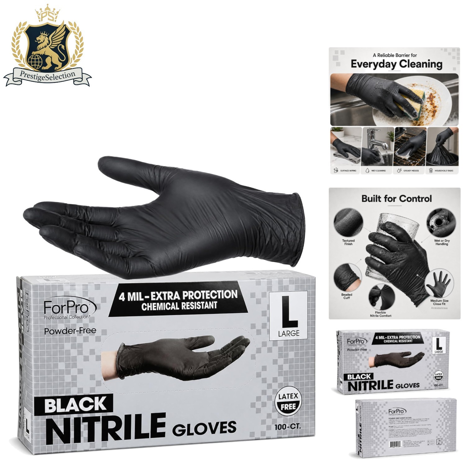 Disposable Black Nitrile Gloves, 4 Mil Thick, Food Safe & Latex-Free, Set of 100