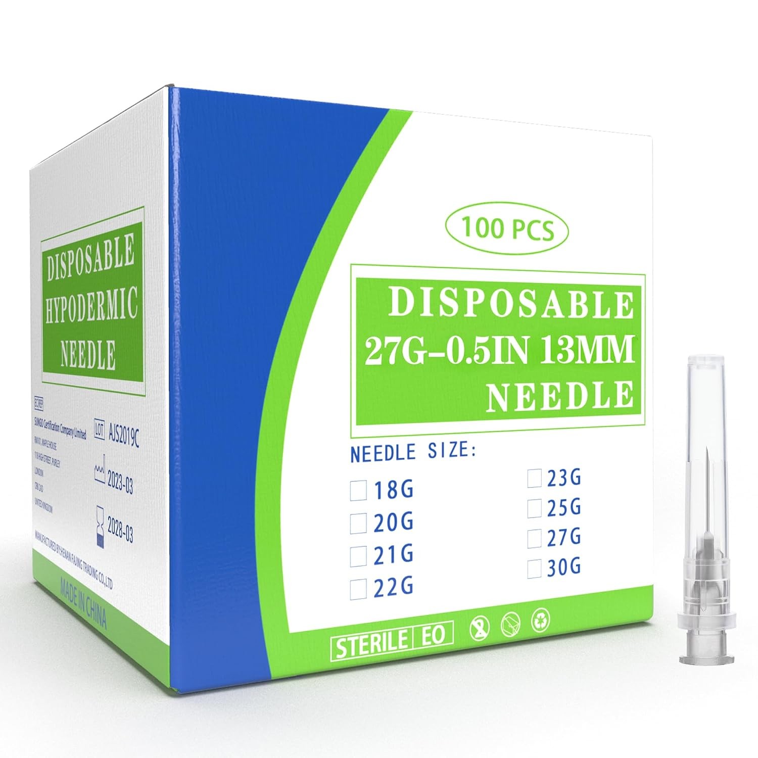 100 Pack 27 Ga 1/2 inch Disposable Needles with Caps for Scientific and Indus…