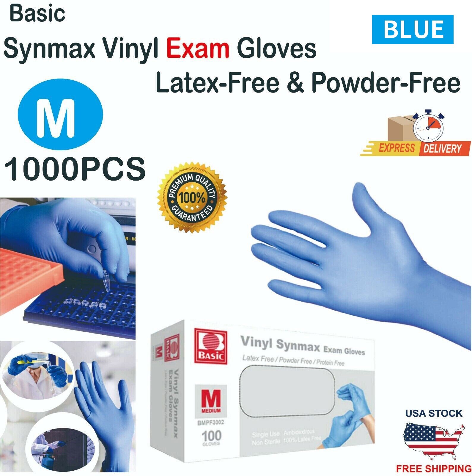 1000PCS Basic Blue Vinyl Synmax Exam Gloves M-SIZE