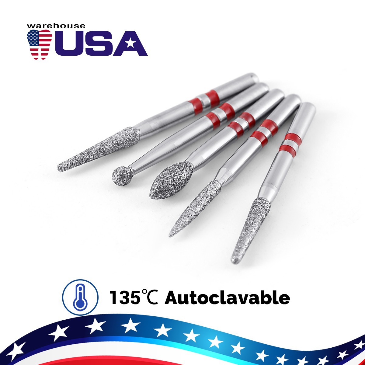5pcs Dental Diamond Zirconia Cutting Burs Kit FG 1.6mm Fit High Speed Handpiece