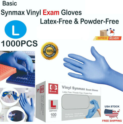 Basic 1000 PCS Blue Synmax Vinyl Exam Gloves Latex-Free & Power-Free L-SIZE