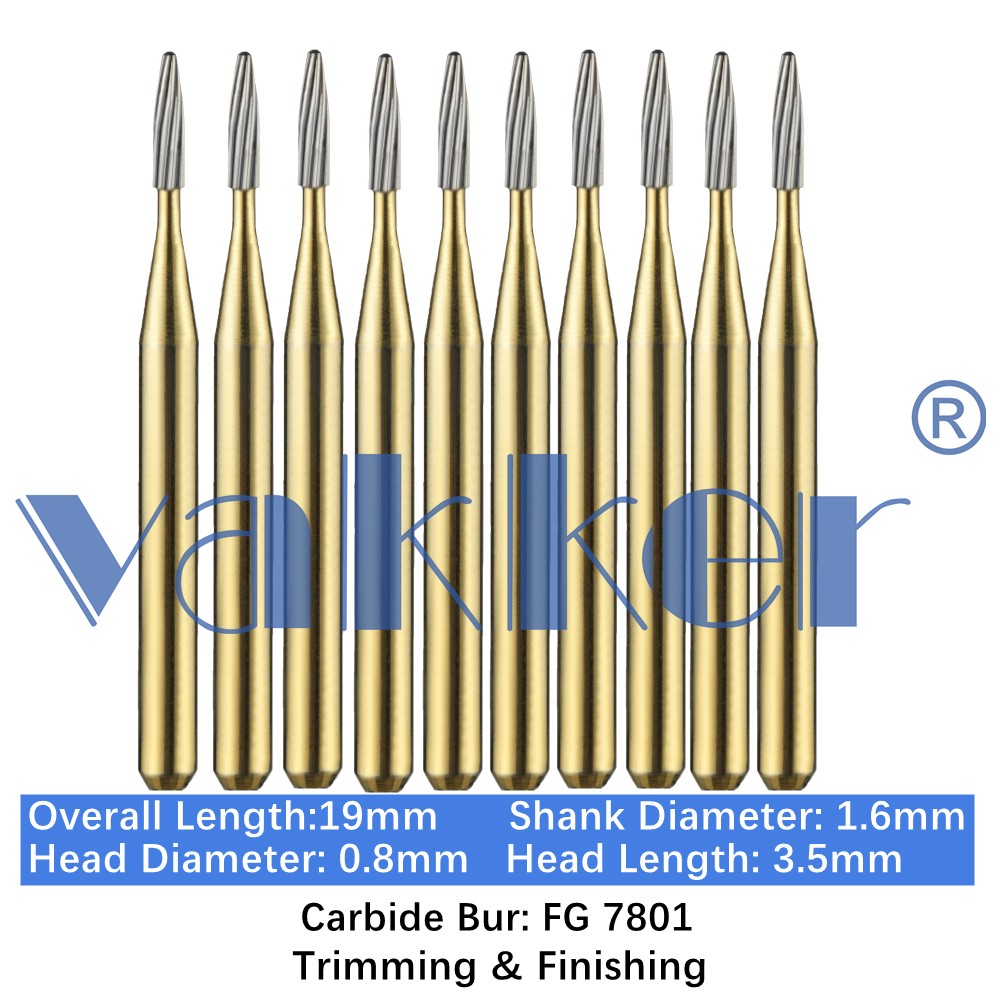 10-100pcs Vakker Dental Trimming Finishing Carbide Burs Drill Gold Burs FG 7801