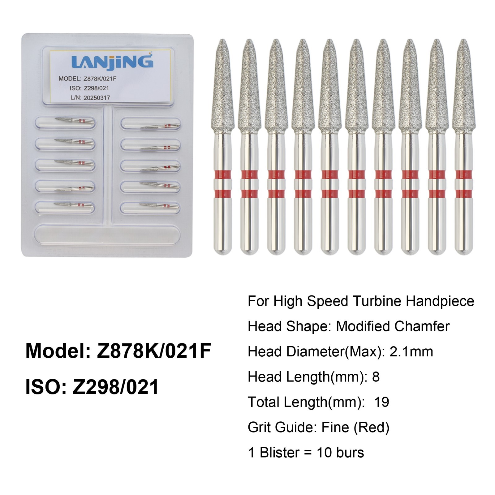 Dental Zirconia Cutter Diamond Burs Modified Chamfer Fine High Speed Z878K/021F