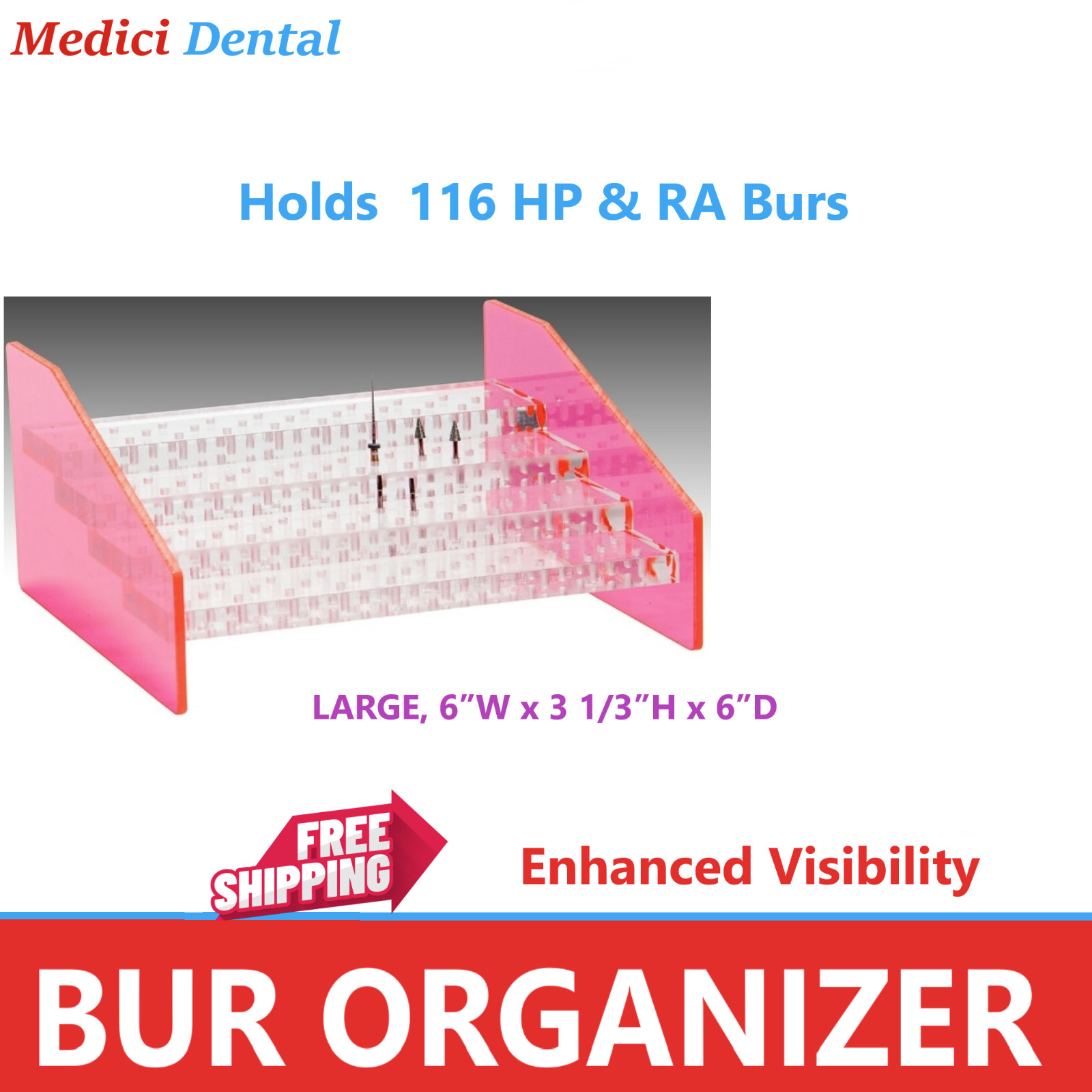 Dental Large Bur Organizer Bur Block Holder, Holds FG, HP RA 116 Burs Acrylic