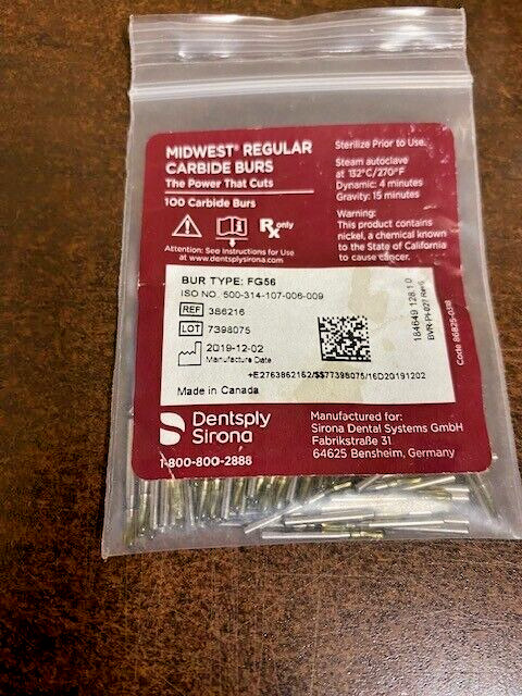 Dentsply Sirona Midwest Carbide Burs FG 56 (100 burs) in a box 386216