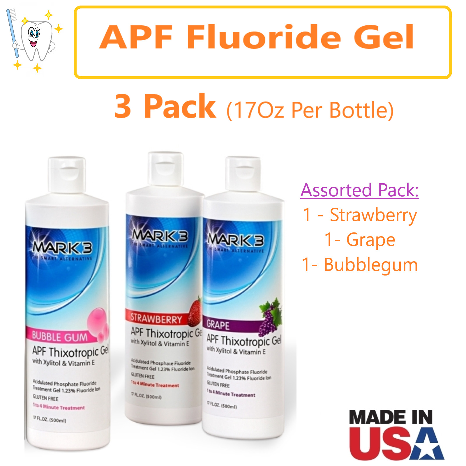 3 Pack Dental APF Fluoride Gel Topical Treatment 17oz, Strawberry Grape Bubbleg