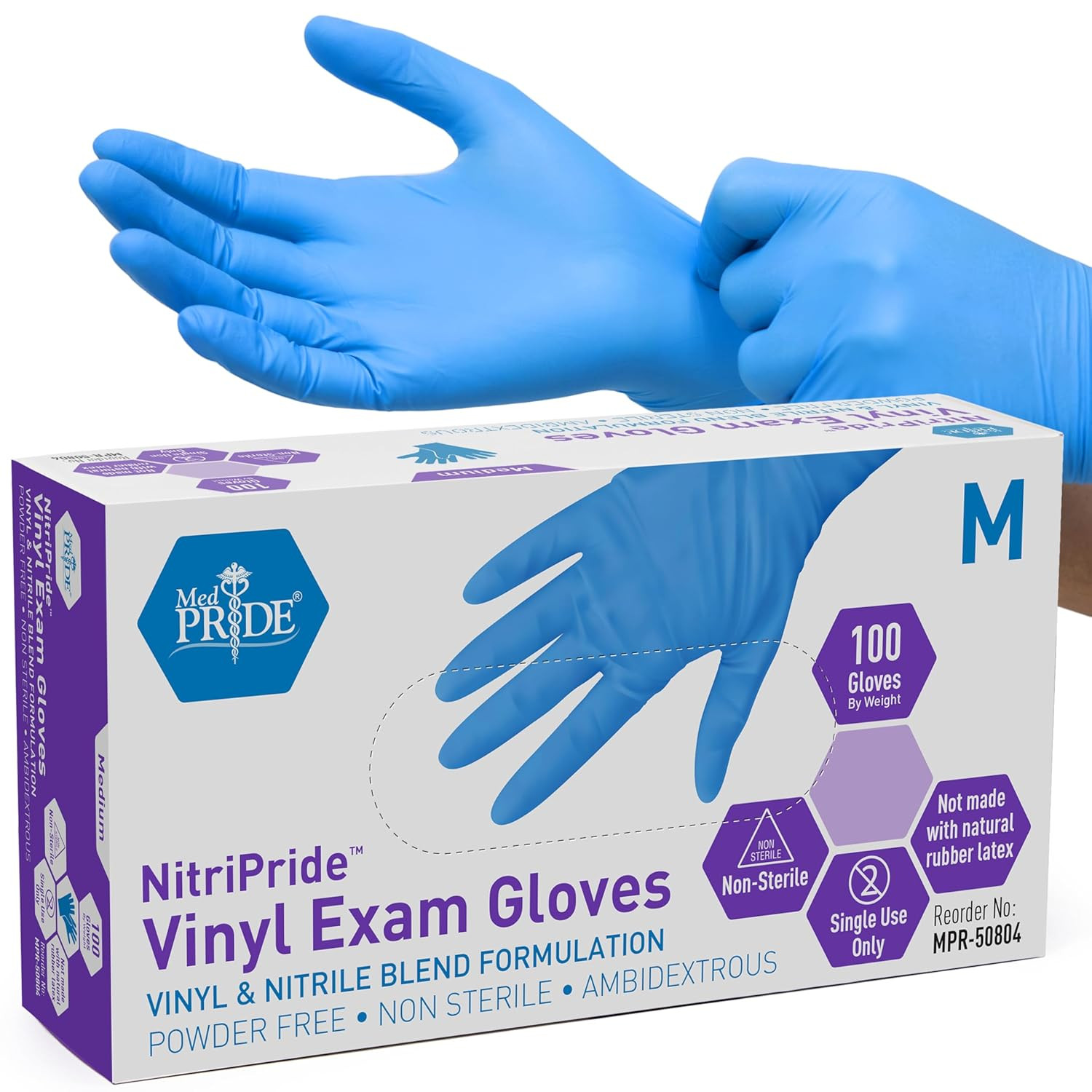 MED PRIDE Nitrile/Vinyl Blend Exam Gloves, Powder-Free, Latex-Free, Disposable,