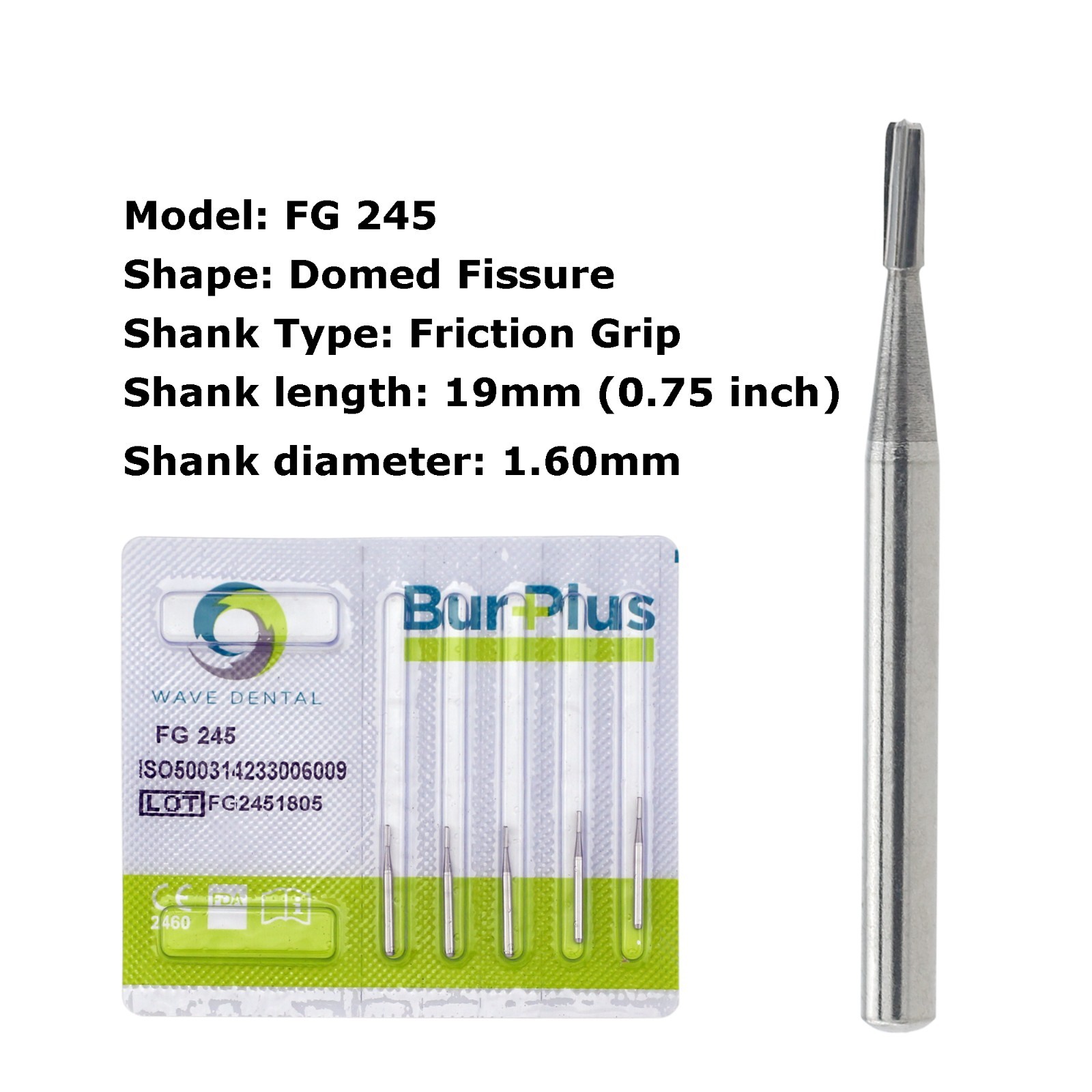 Wave Dental Carbide Burs FG 245 Domed Fissure for High Speed Amalgam Prep 1.6mm